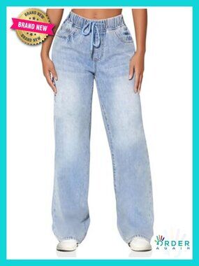 High Waisted Wide Leg Jeans Drawstring Elastic Waist Straight Leg Sweatpant